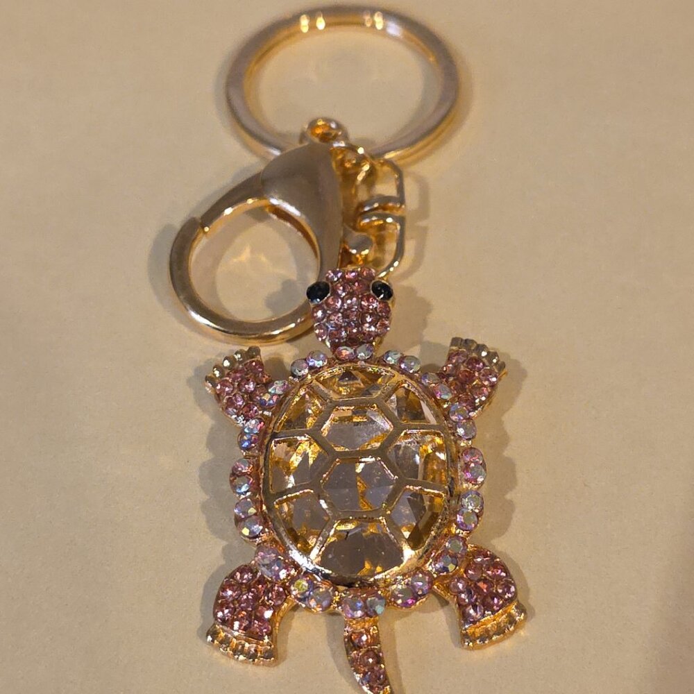 Pink Rhinestone Sea Turtle Bag Charm Keychain Keyring Key Gold Tone